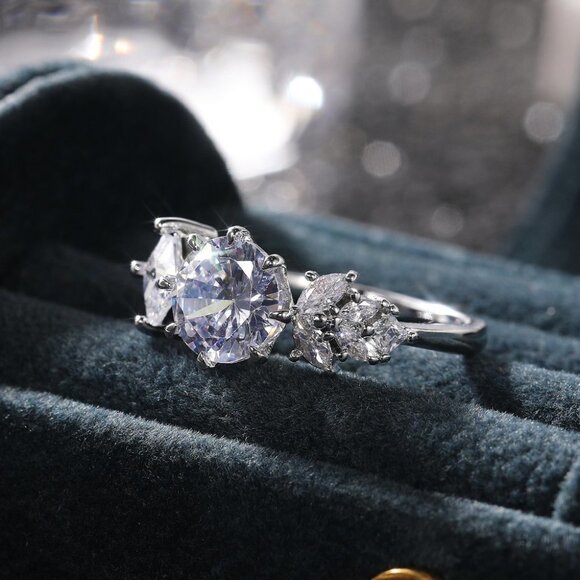 ▶CZ Square Leaf 925 Silver Plated Wedding/Engagement Ring for Women, K940 - Picture 10 of 10